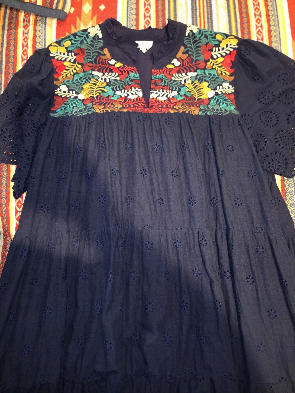 Embroidered Navy Dress with Floral Yoke